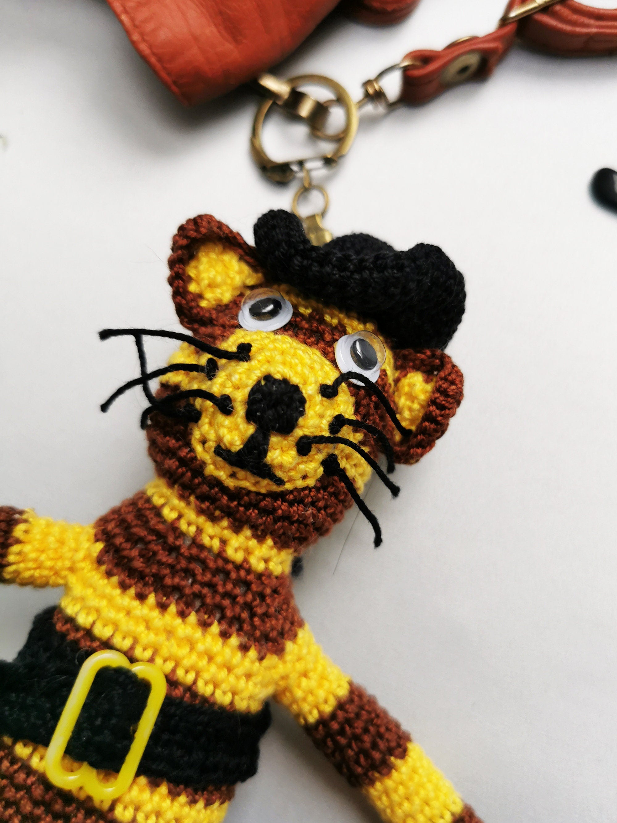 Handmade crochet brown striped Cat keychain, Christmas gift