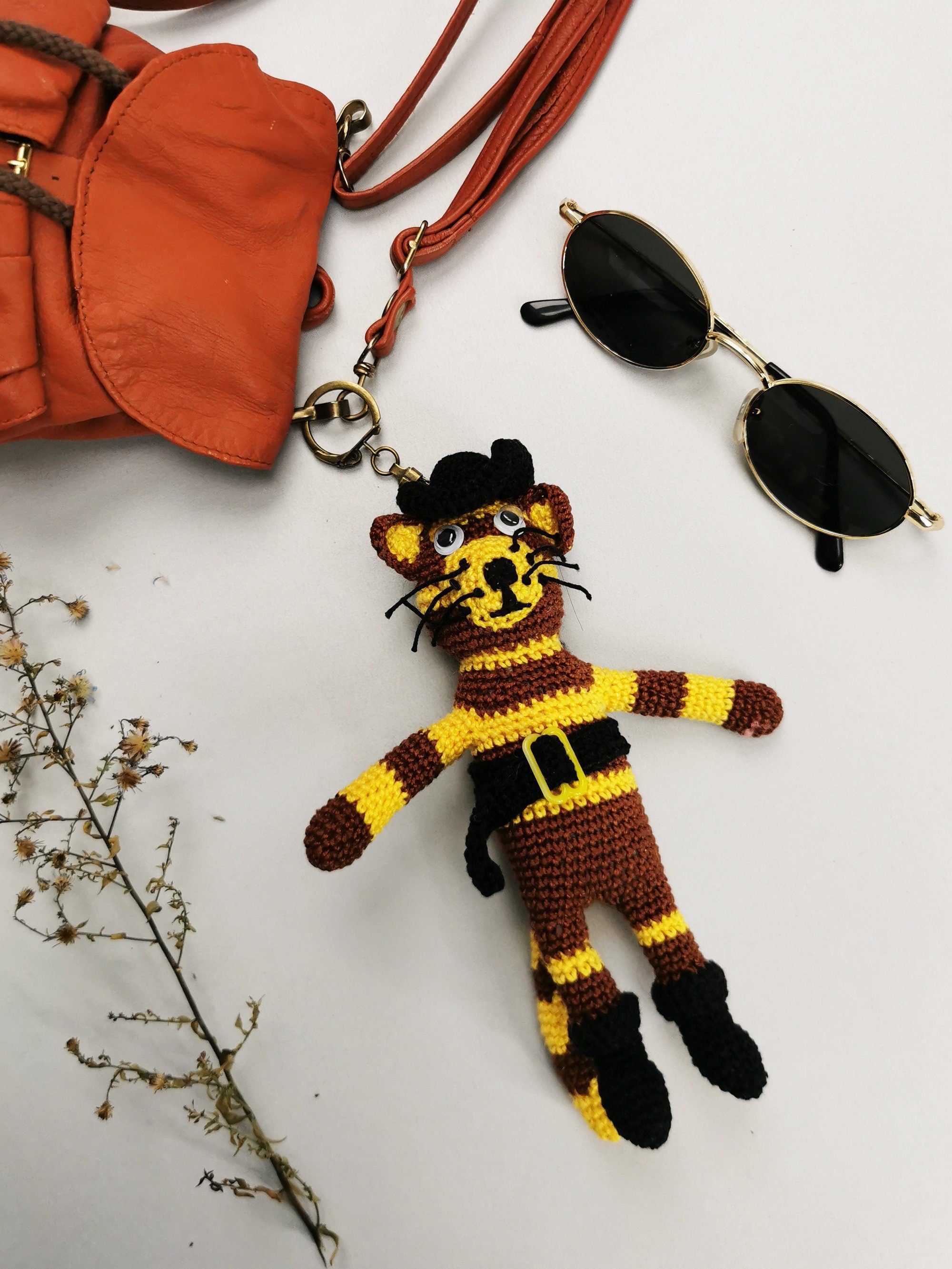 Handmade crochet brown striped Cat keychain, Christmas gift