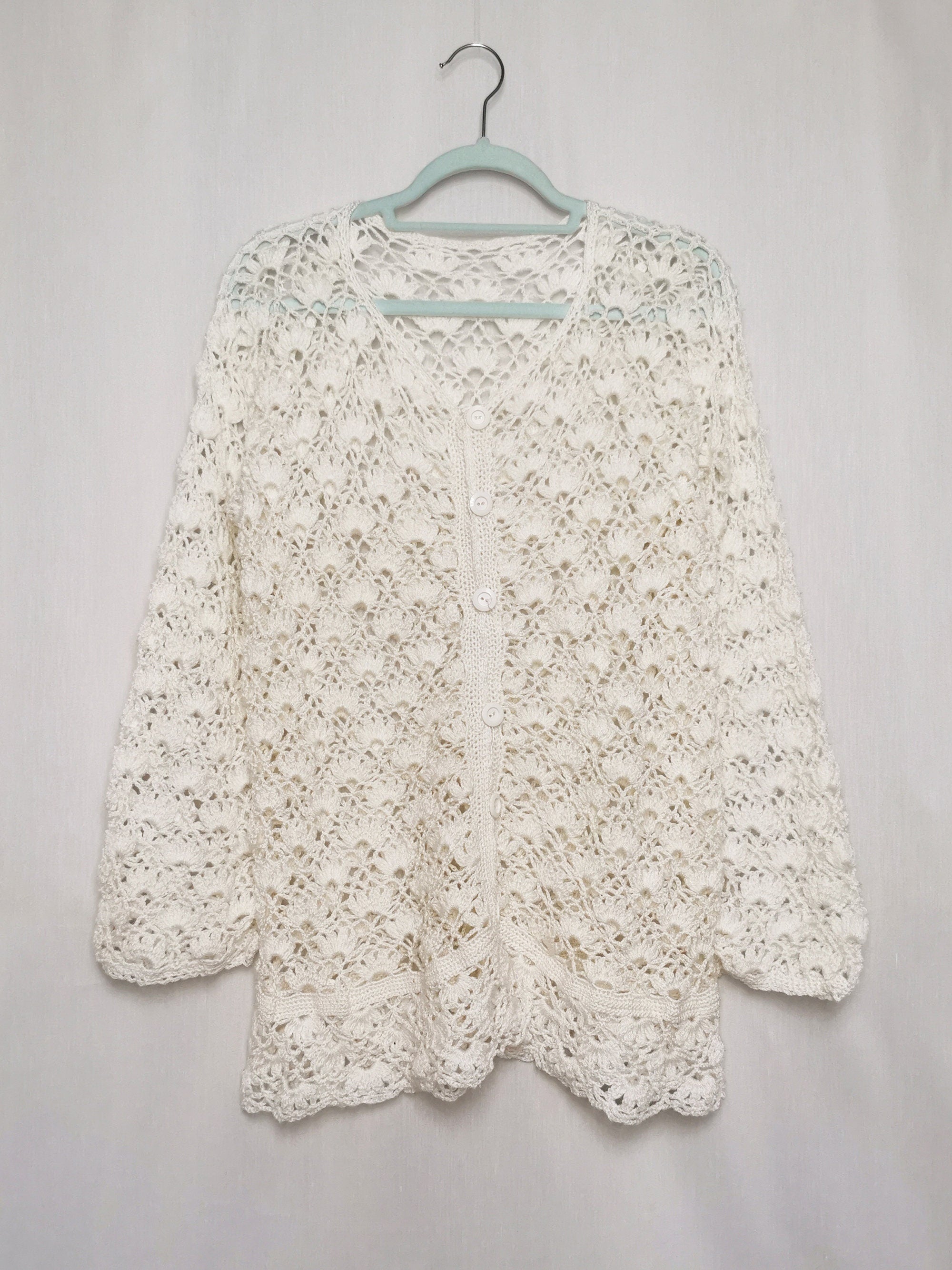 Vintage 80s white handmade sheer crochet long jumper top