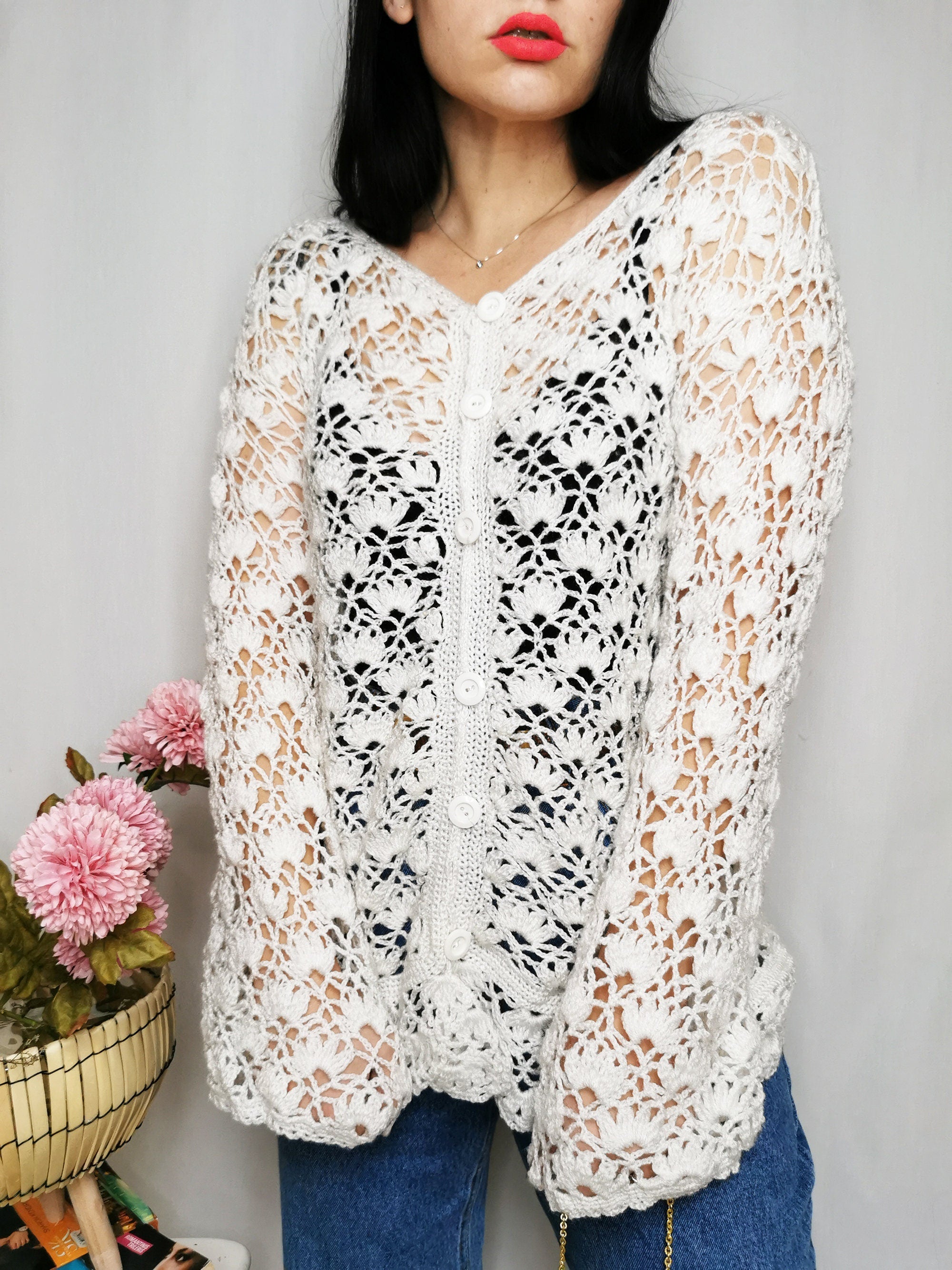 Vintage 80s white handmade sheer crochet long jumper top