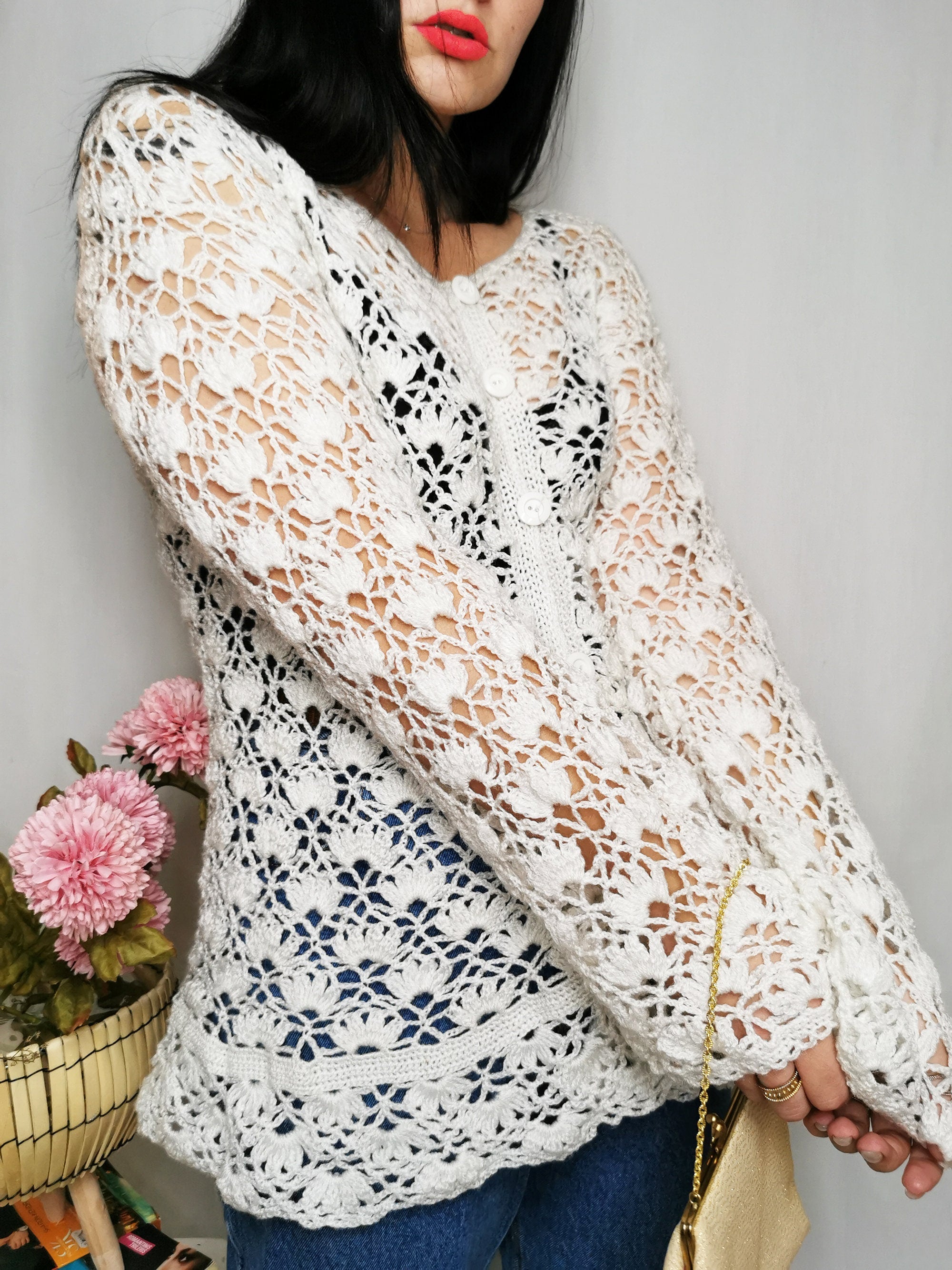 Vintage 80s white handmade sheer crochet long jumper top