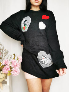 Vintage 90s cute cat & mouse applique long black sweater