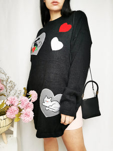 Vintage 90s cute cat & mouse applique long black sweater