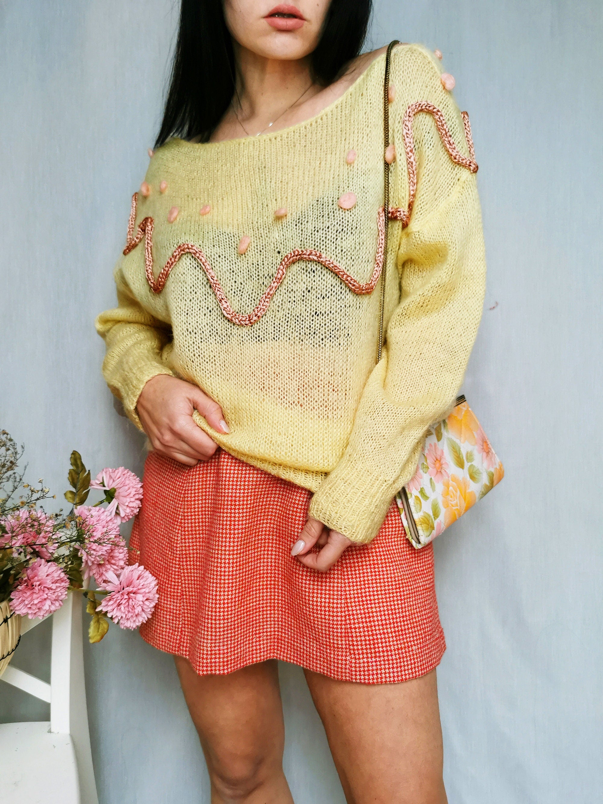 Vintage 90s handmade pastel yellow boat neck jumper top