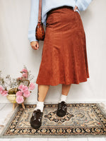 Load image into Gallery viewer, Vintage 90s brown faux suede minimalist midi bell skirt
