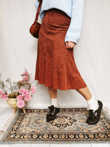 Vintage 90s brown faux suede minimalist midi bell skirt