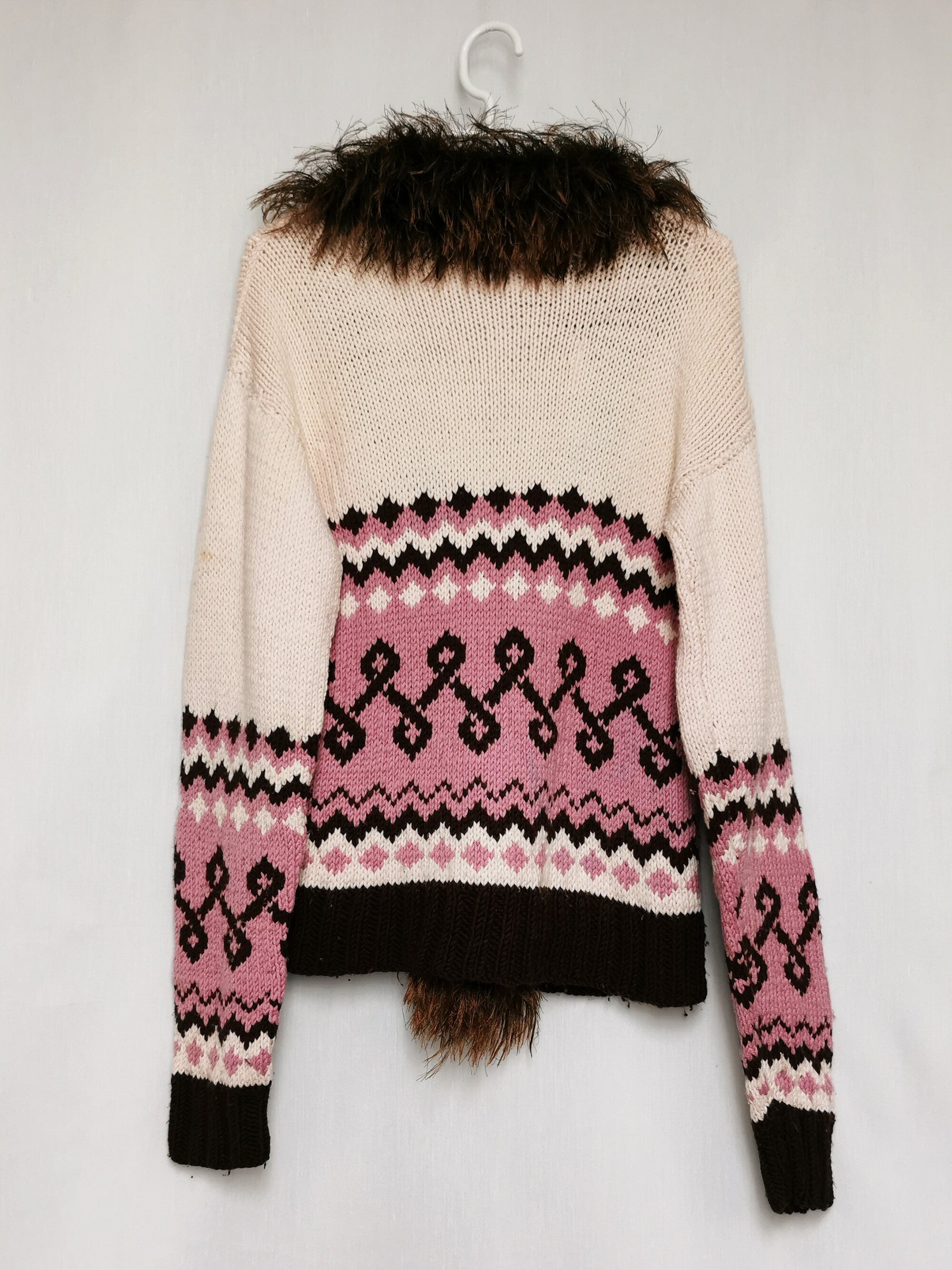 Vintage 90s handmade fair isle cardigan with fluffy collar