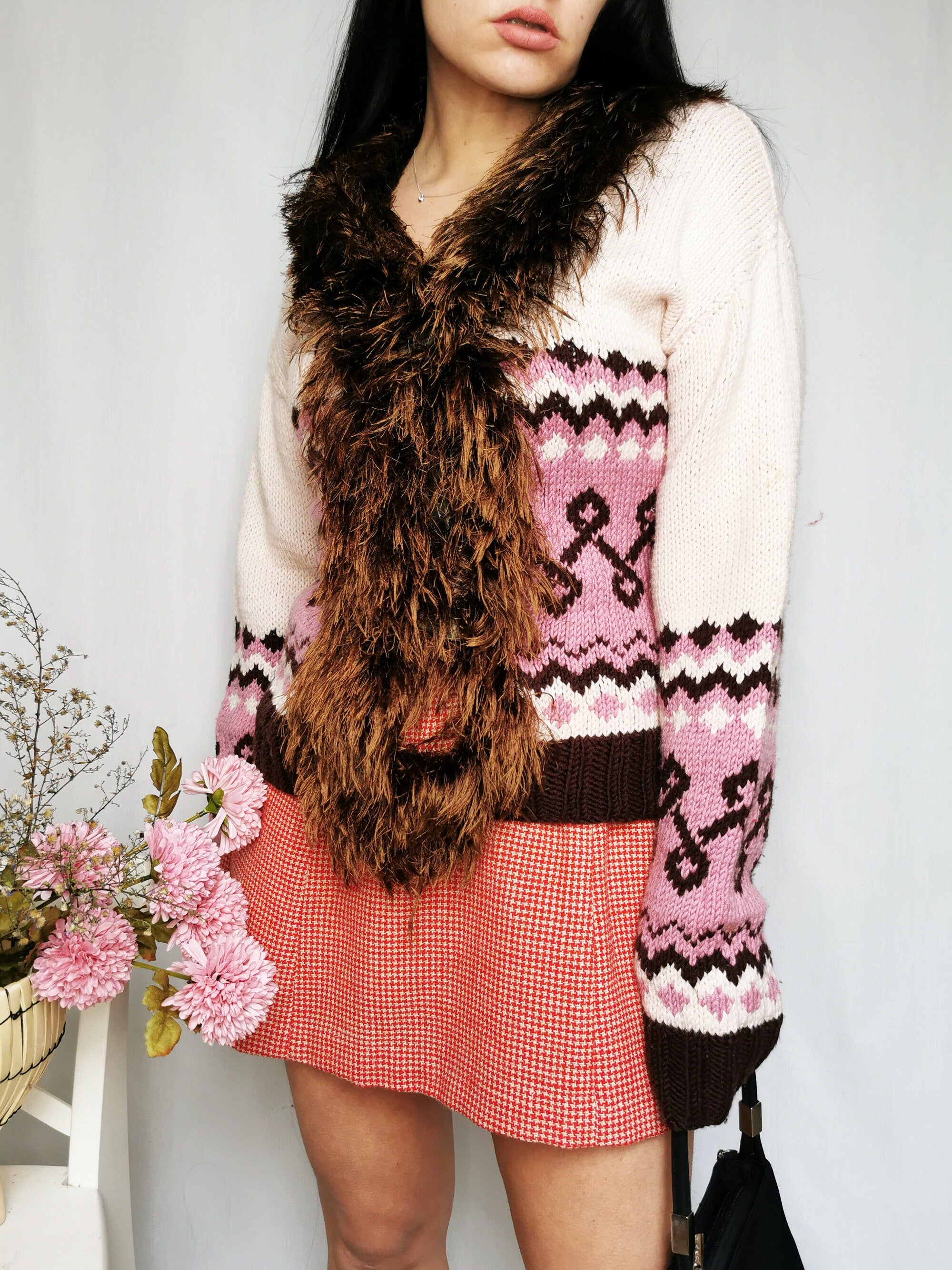 Vintage 90s handmade fair isle cardigan with fluffy collar