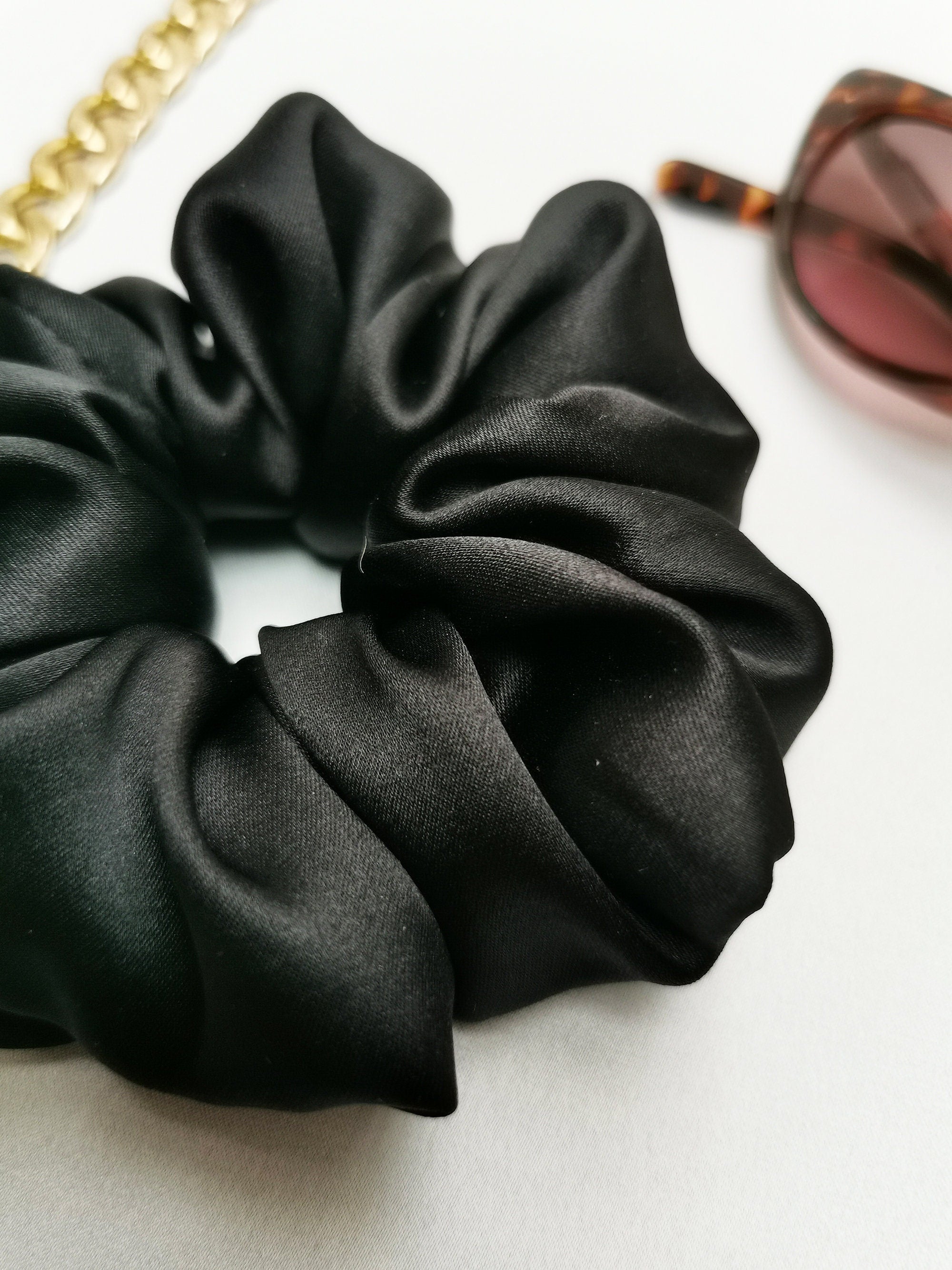 Handmade Vintage Style MEDIUM silky black hair scrunchy, 100% silk