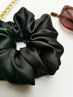 Load image into Gallery viewer, Handmade Vintage Style MEDIUM silky black hair scrunchy, 100% silk

