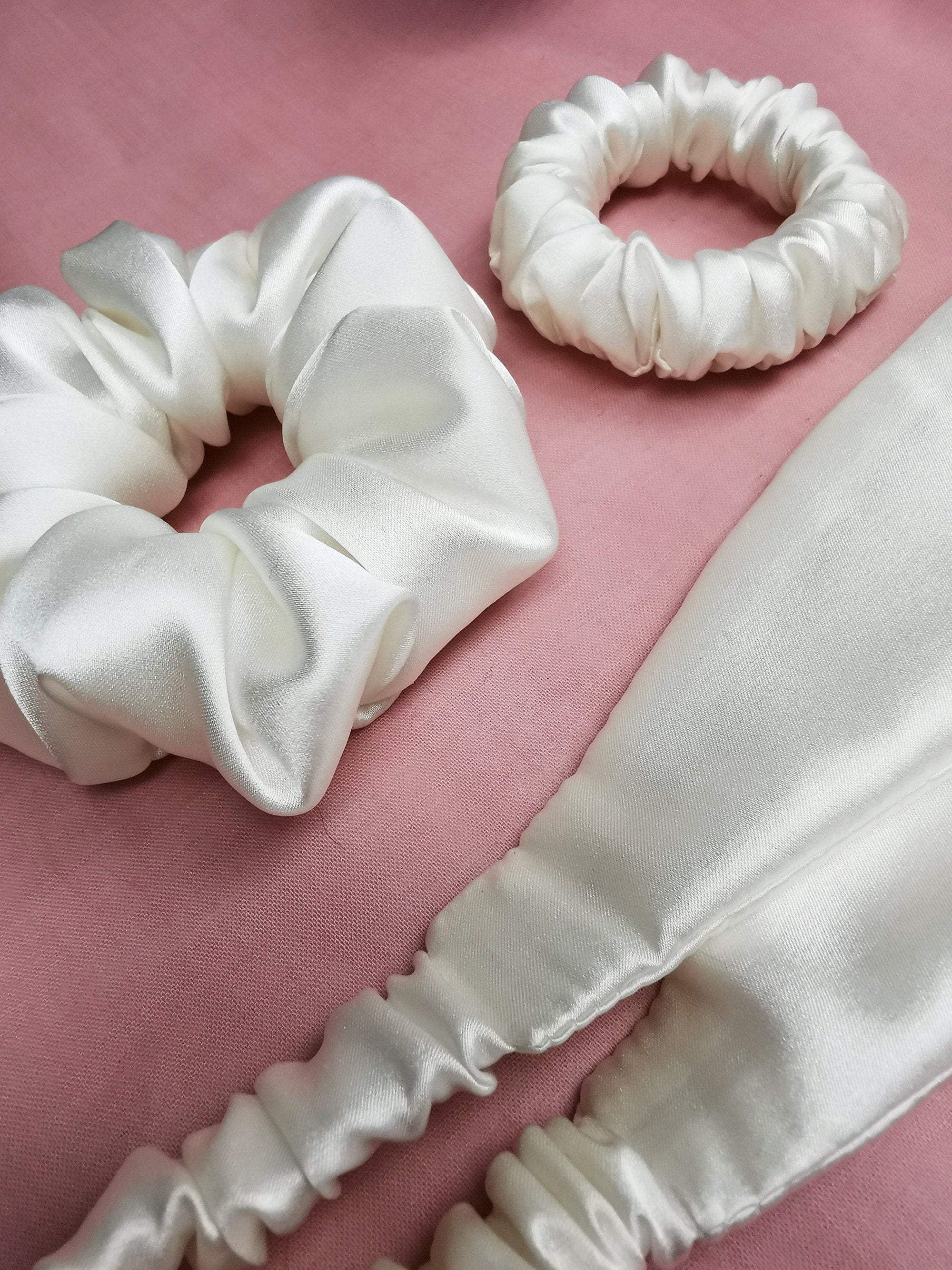 Handmade pearl white Scrunchies & Headband set, 100% silk