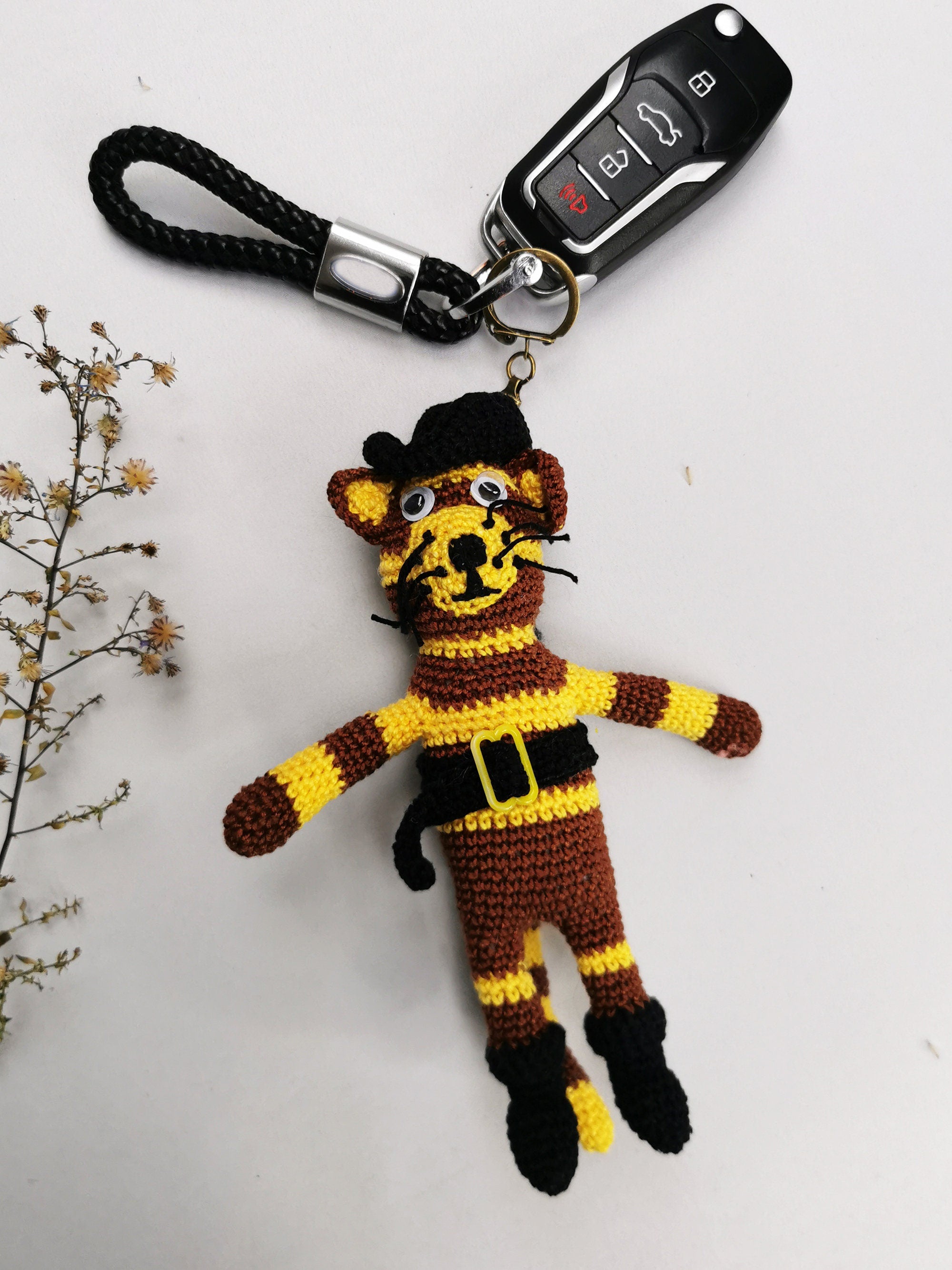 Handmade crochet brown striped Cat keychain, Christmas gift