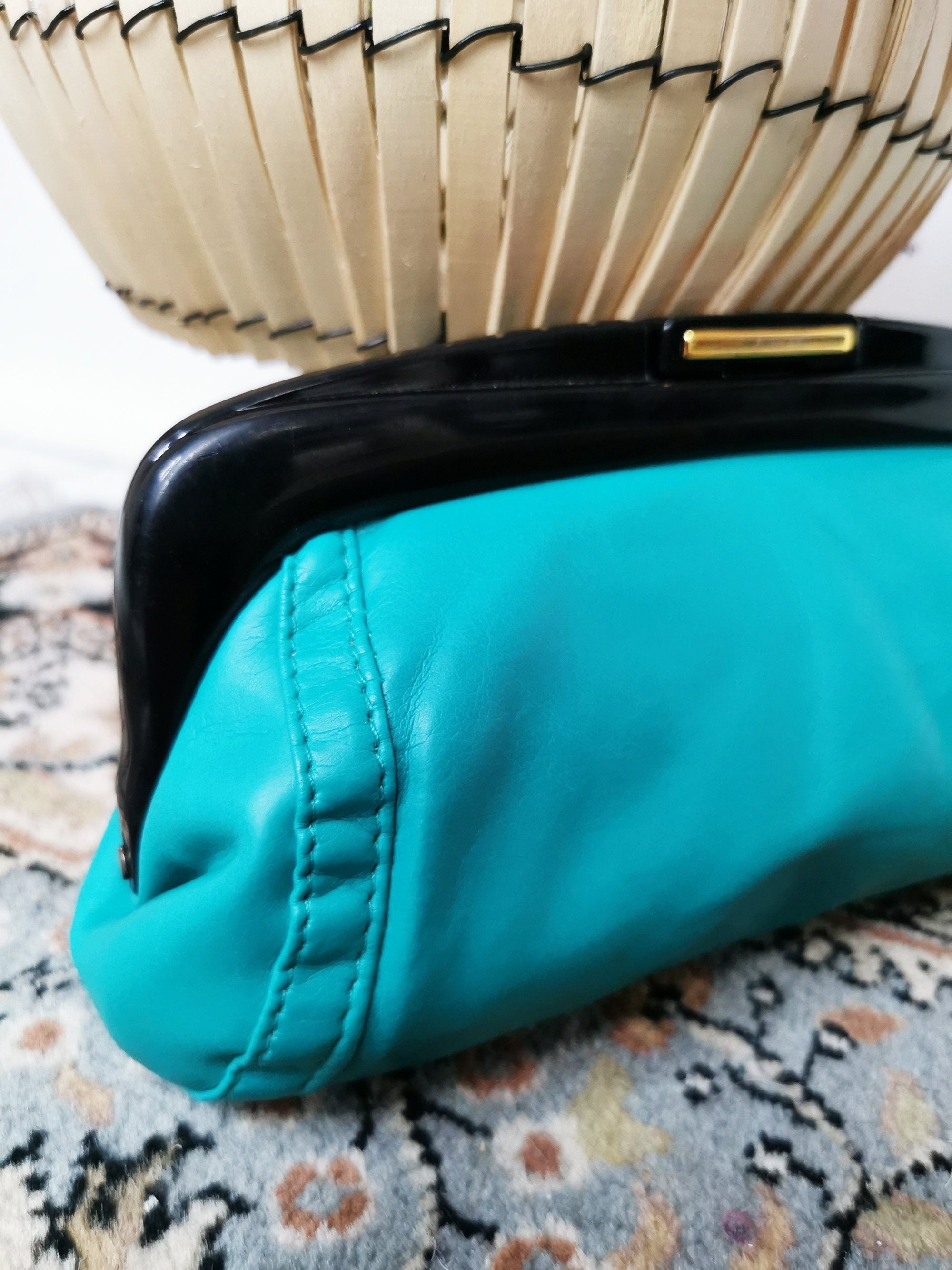 Vintage 80s faux leather turquoise frame purse bag