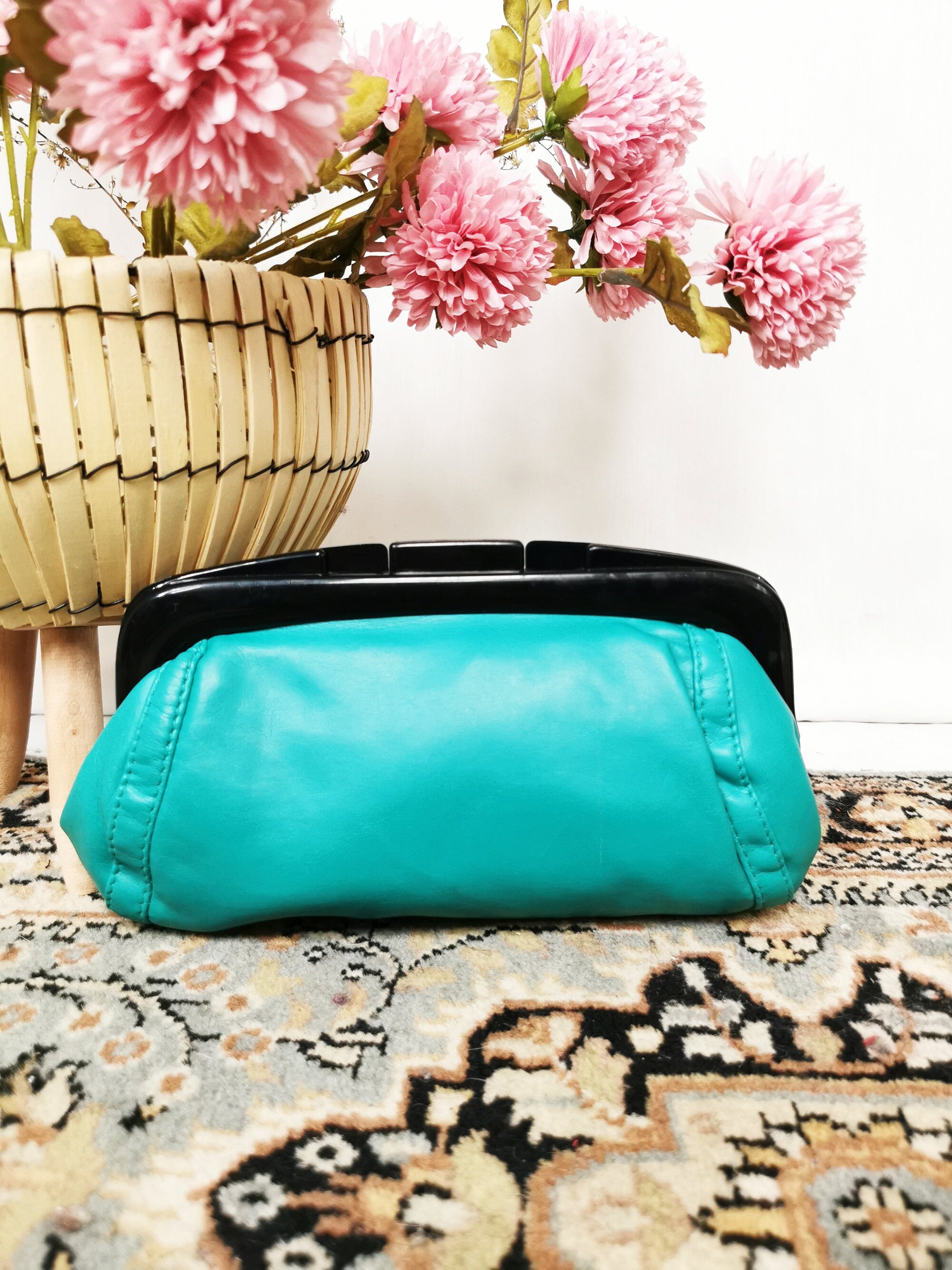 Vintage 80s faux leather turquoise frame purse bag