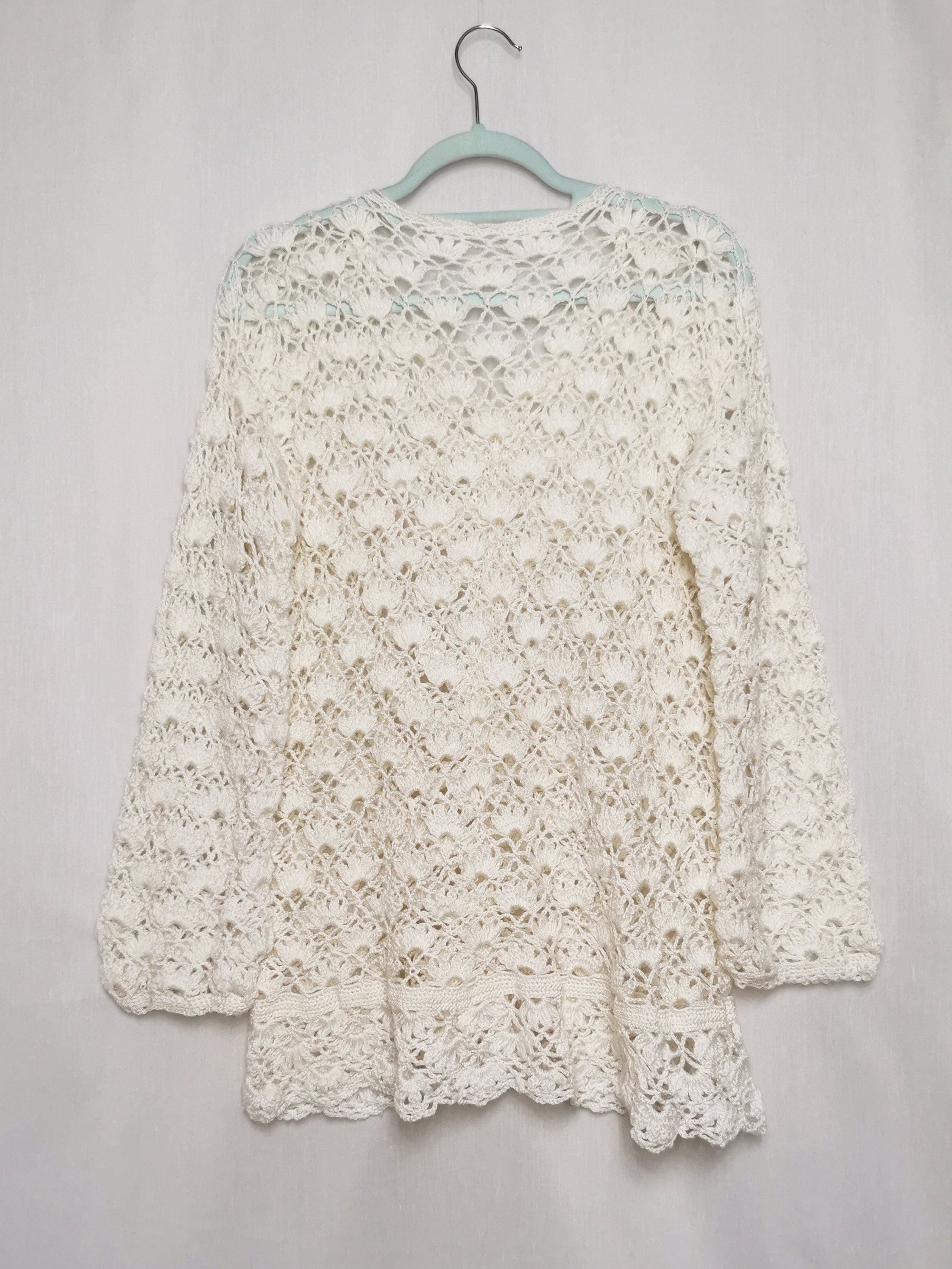 Vintage 80s white handmade sheer crochet long jumper top