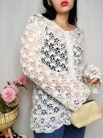 Load image into Gallery viewer, Vintage 80s white handmade sheer crochet long jumper top
