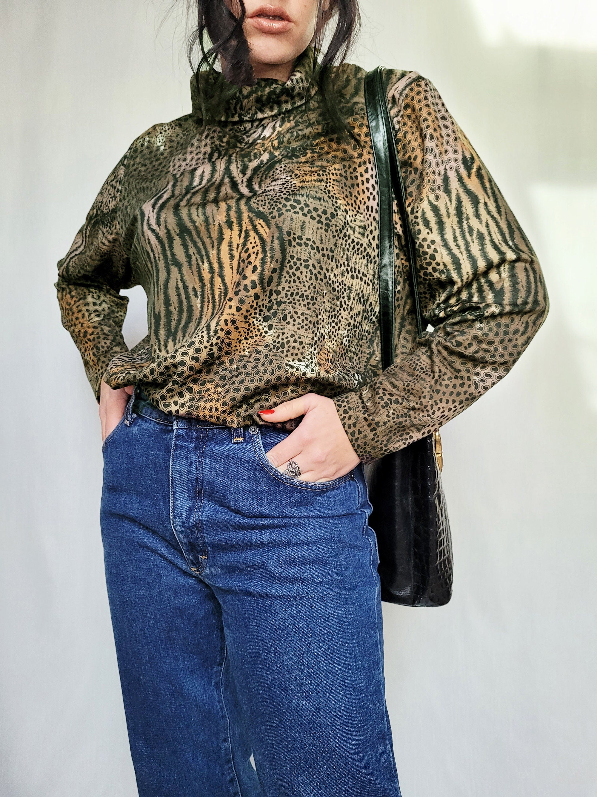 Vintage 80s abstract animal print rollneck blouse top