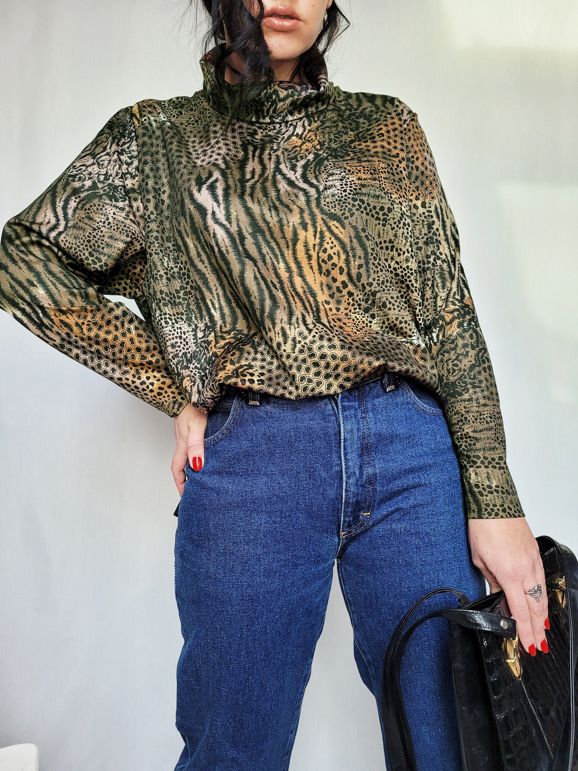 Vintage 80s abstract animal print rollneck blouse top