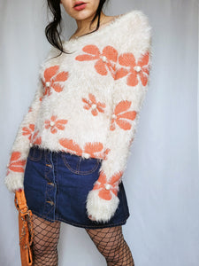 Vintage 90s pastel flower pattern fluffy jumper top