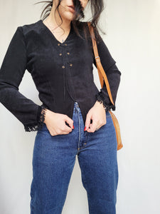 Vintage 90s faux suede black fringed Boho top