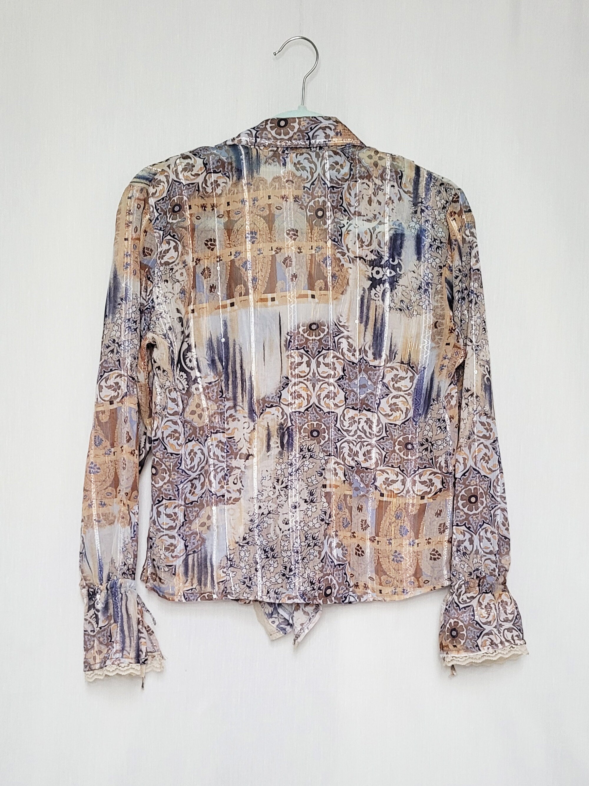 Vintage 90s abstract folk print ruffle collar blouse top