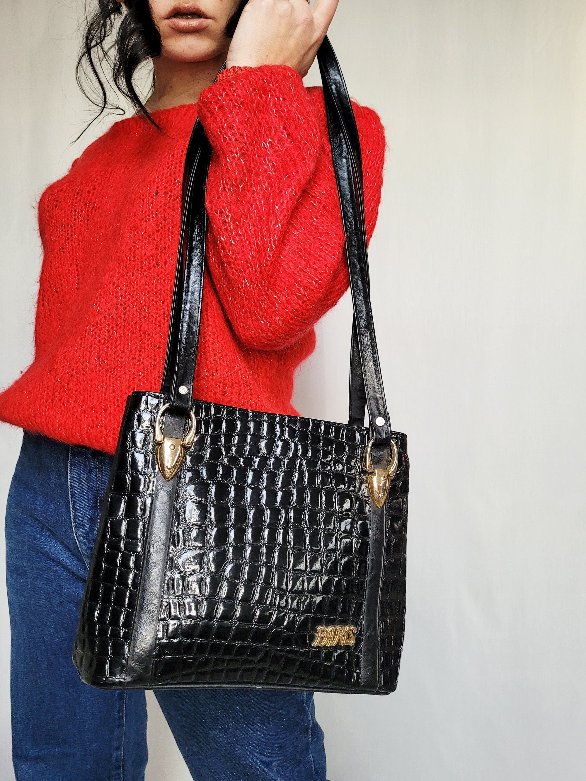 Vintage 90s black leather reptile print tote shoulder bag