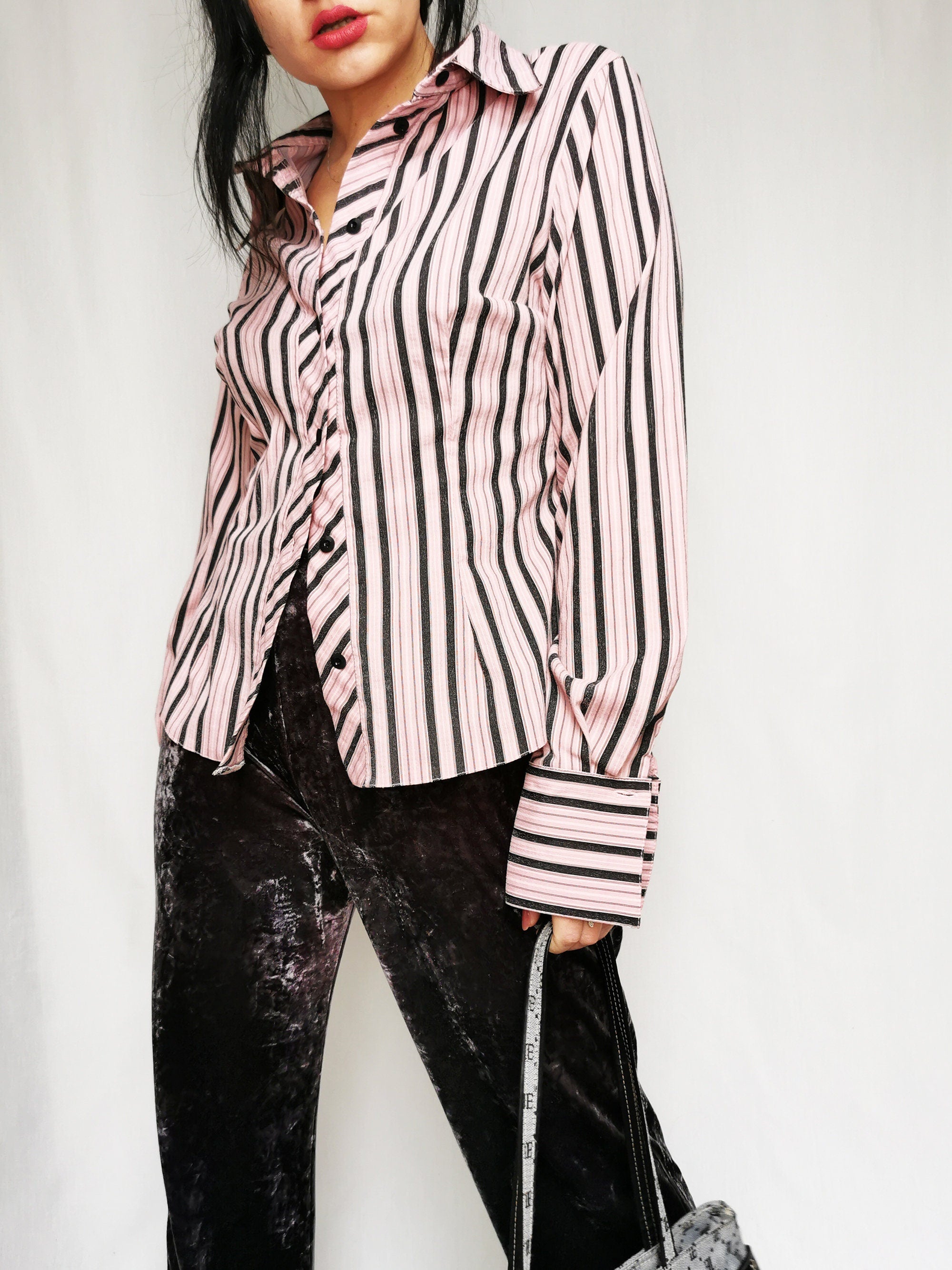 Vintage 90s pink striped formal smart woman shirt
