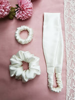 Load image into Gallery viewer, Handmade pearl white Scrunchies &amp; Headband set, 100% silk
