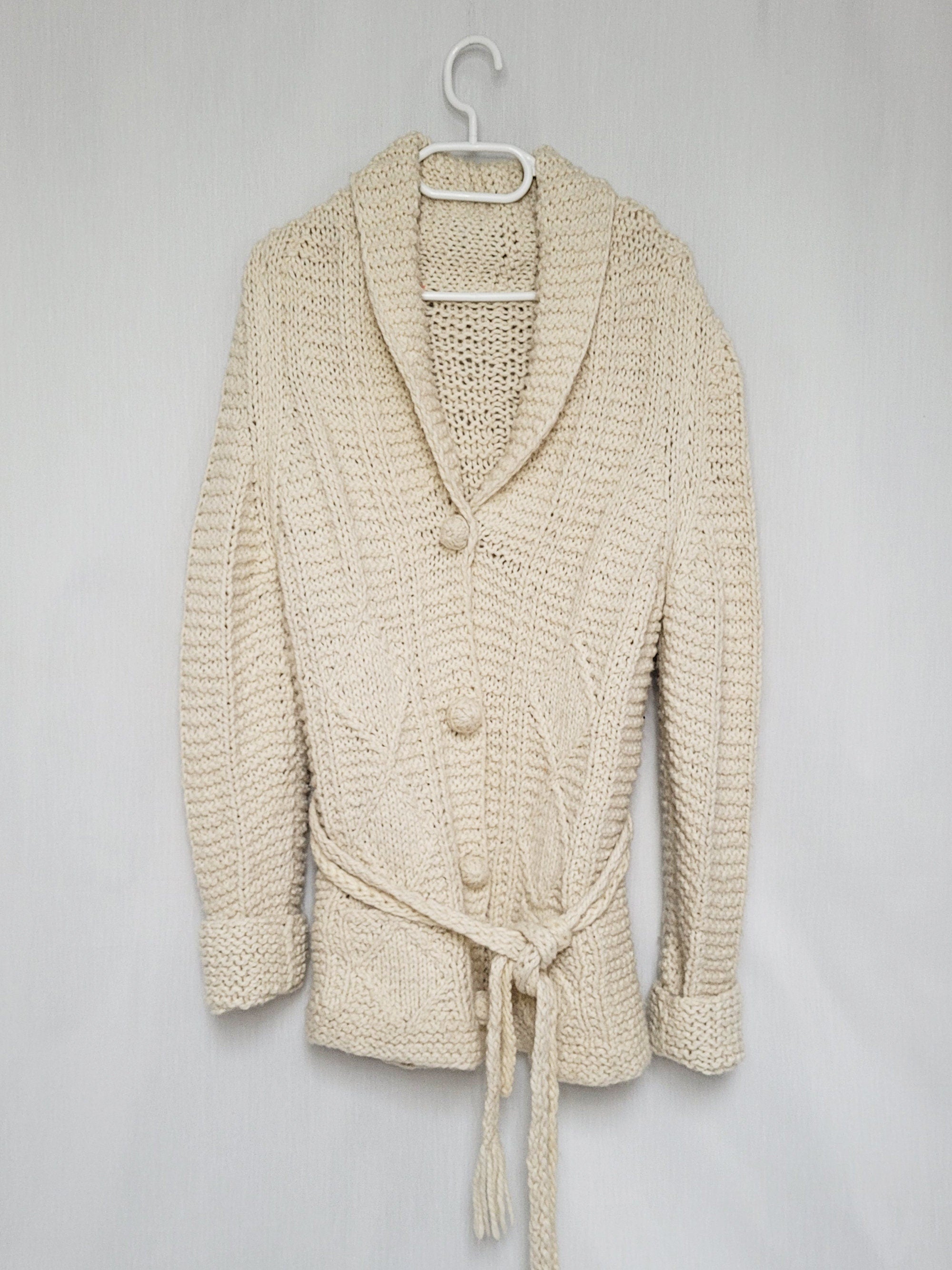 Vintage 80s handmade cream knitted chunky belted cardigan