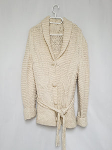 Vintage 80s handmade cream knitted chunky belted cardigan