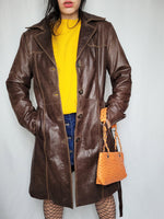 Load image into Gallery viewer, Vintage 90s real leather brown trench coat with a belt

