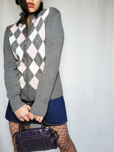 Vintage 90s grey argyle print zipped jumper cardigan