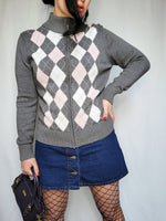 Load image into Gallery viewer, Vintage 90s grey argyle print zipped jumper cardigan
