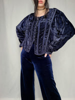 Load image into Gallery viewer, Vintage 90s dark blue velveteen buttons down Boho blouse top
