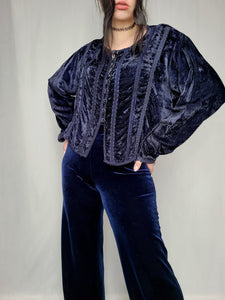 Vintage 90s dark blue velveteen buttons down Boho blouse top