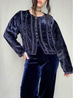 Load image into Gallery viewer, Vintage 90s dark blue velveteen buttons down Boho blouse top
