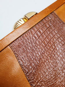 Vintage 80s brown leather reptile print Clutch bag