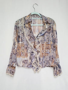 Vintage 90s abstract folk print ruffle collar blouse top