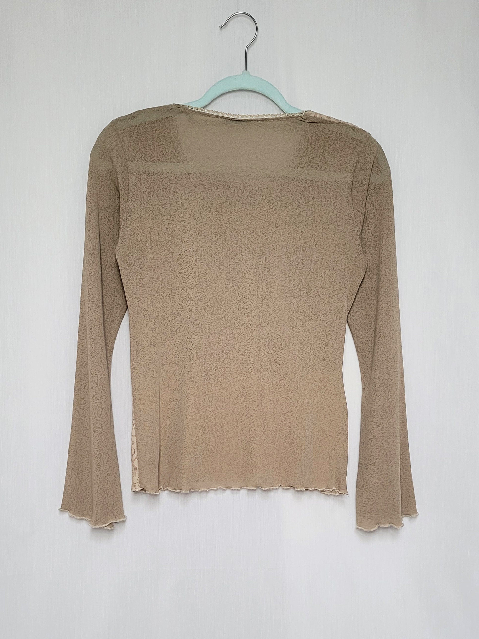 Vintage 90s beige mesh lace flare sleeve top blouse