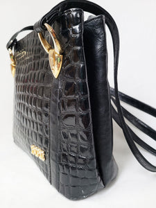 Vintage 90s black leather reptile print tote shoulder bag