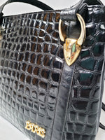 Load image into Gallery viewer, Vintage 90s black leather reptile print tote shoulder bag
