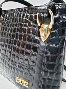 Vintage 90s black leather reptile print tote shoulder bag