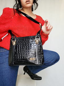 Vintage 90s black leather reptile print tote shoulder bag