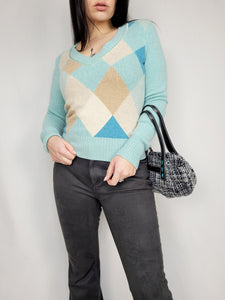 Vintage 90s ESPRIT woolen pastel blue argyle print jumper