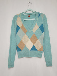 Vintage 90s ESPRIT woolen pastel blue argyle print jumper