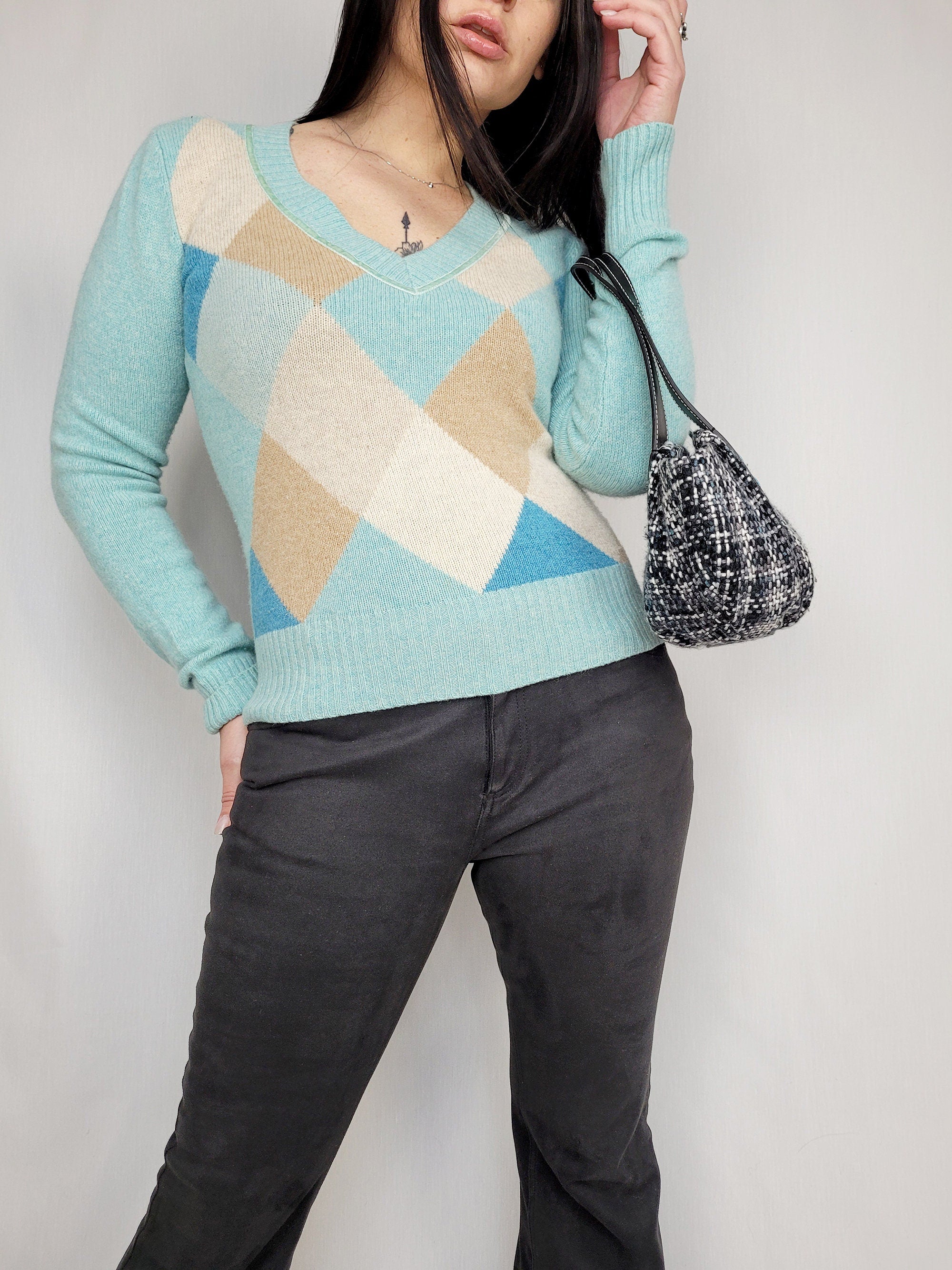 Vintage 90s ESPRIT woolen pastel blue argyle print jumper