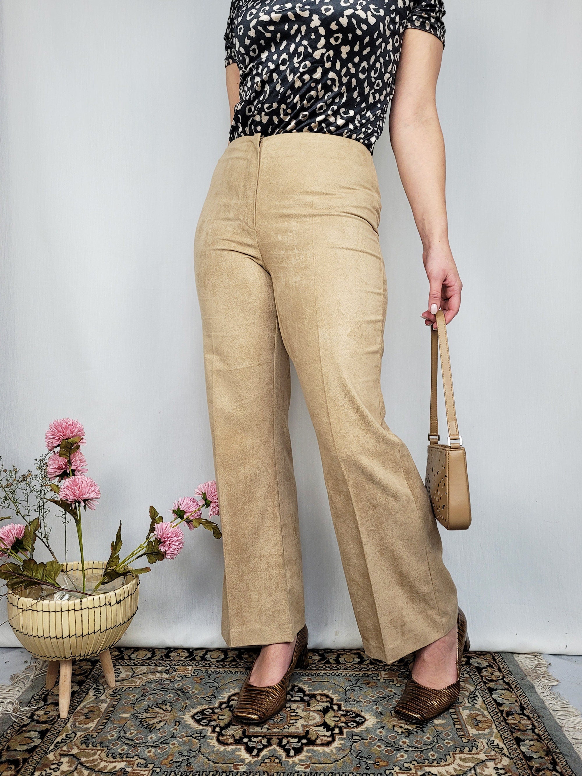 Vintage 90s camel brown faux suede smart straight pants