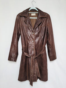 Vintage 90s real leather brown trench coat with a belt