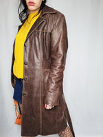 Load image into Gallery viewer, Vintage 90s real leather brown trench coat with a belt
