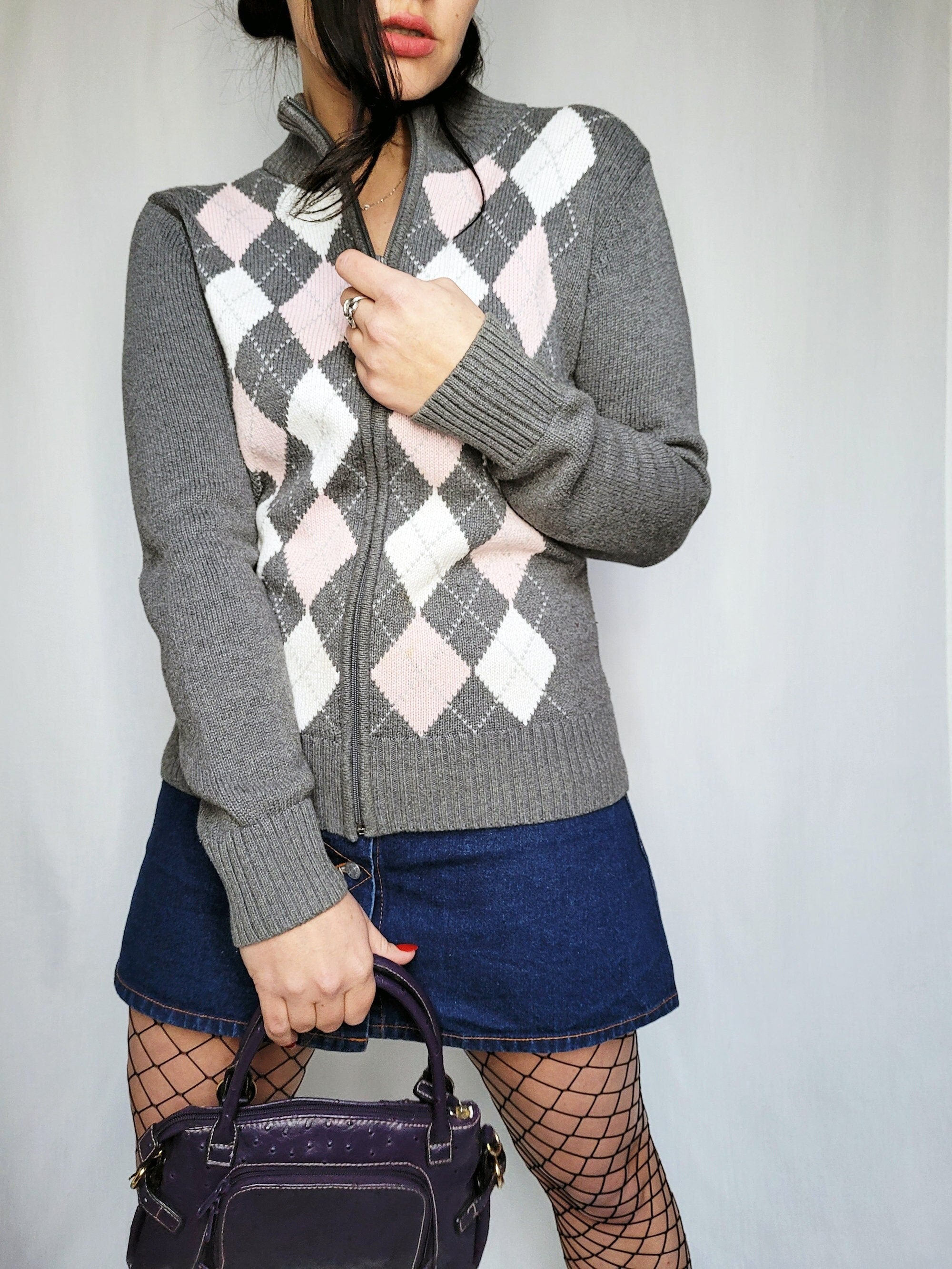 Vintage 90s grey argyle print zipped jumper cardigan